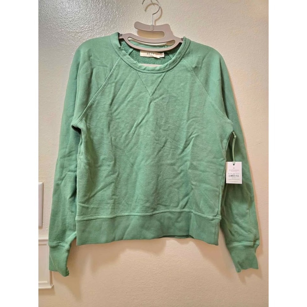 AE77 American Eagle Sweatshirt Women XS Green Distressed Sleeve Crewneck Cotton